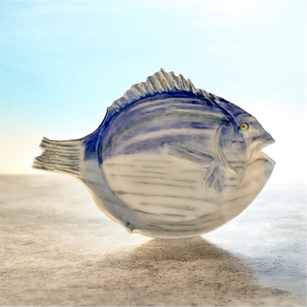 Blue and White Glazed Ceramic Fish Platter